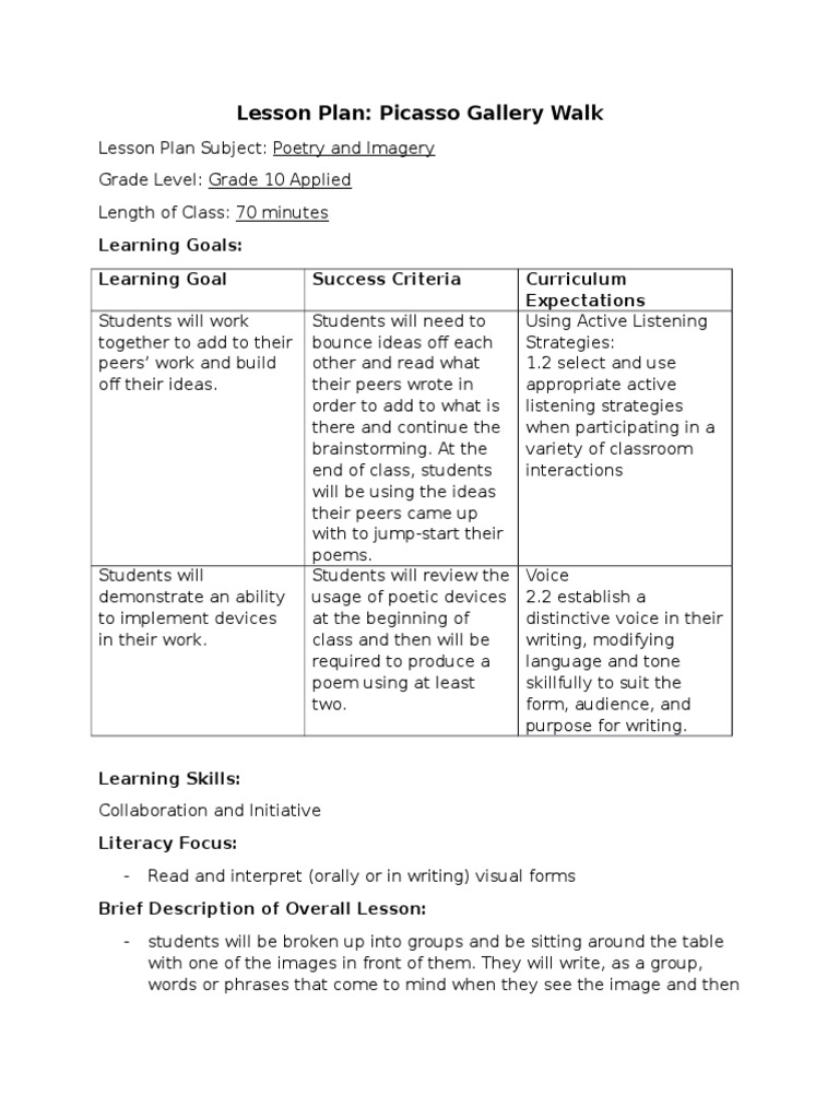 gallery walk lesson plan Poetry Educational Assessment Free 30