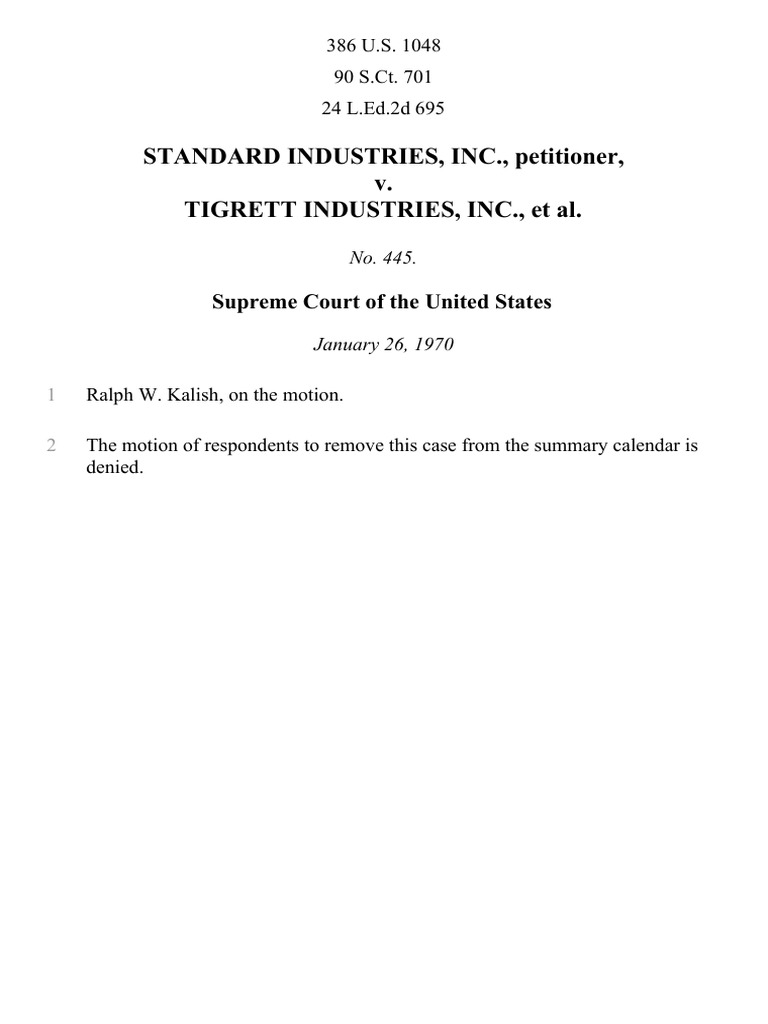 Standard Industries, Inc. v. Tigrett Industries, Inc., 386 U.S. 1048