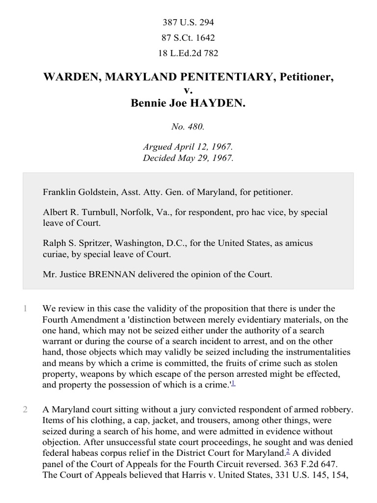 Warden, Maryland Penitentiary, Petitioner, v. Bennie Joe HAYDEN | PDF | Search And Seizure