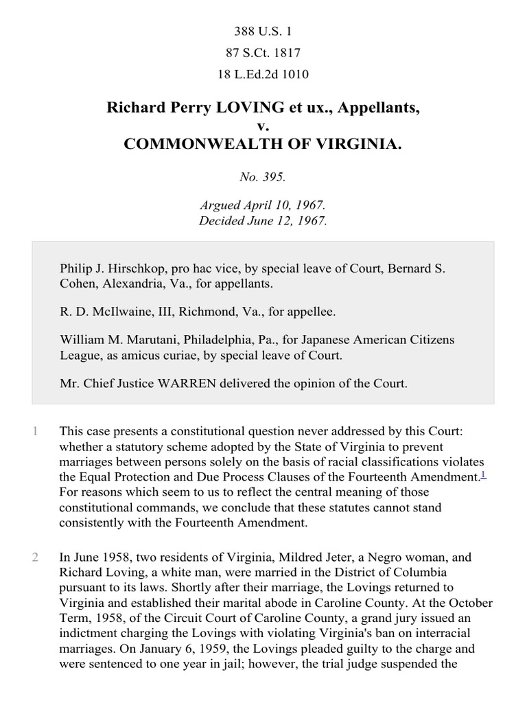 Loving v. Virginia, 388 U.S. 1 (1967) Loving V. Virginia Fourteenth