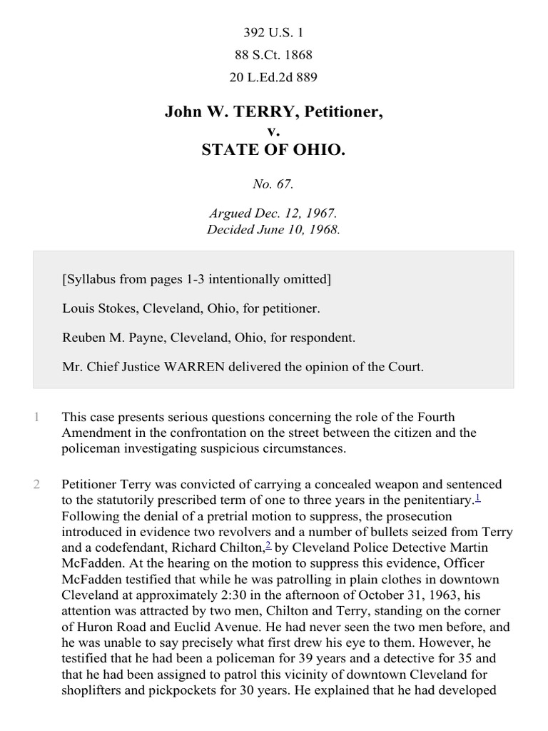 Terry v. Ohio, 392 U.S. 1 (1968) Search And Seizure Fourth