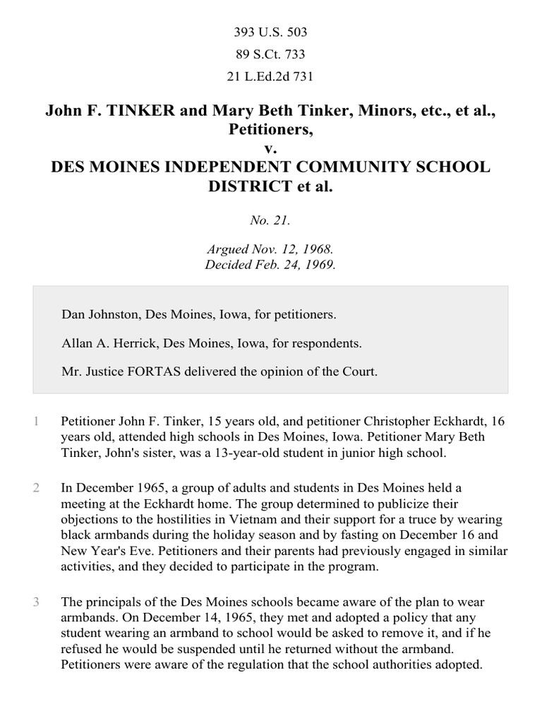 Tinker v. Des Moines Independent Community School Dist., 393 U.S. 503
