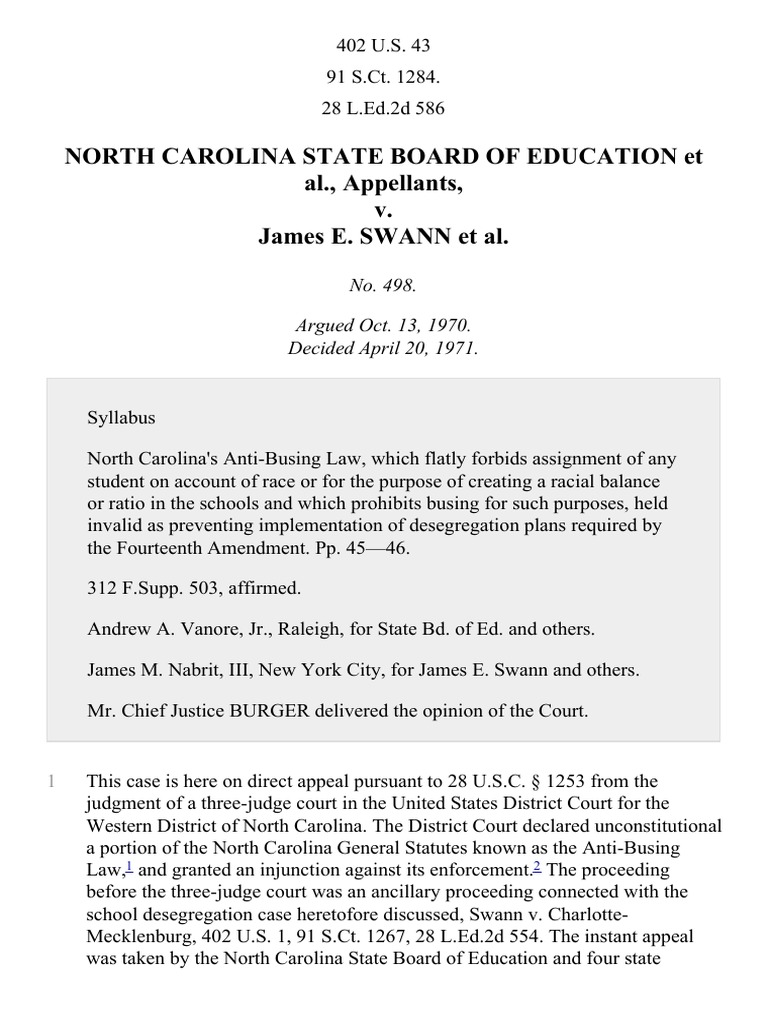 North Carolina Bd. of Ed. v. Swann, 402 U.S. 43 (1971) PDF Supreme Court Of The United