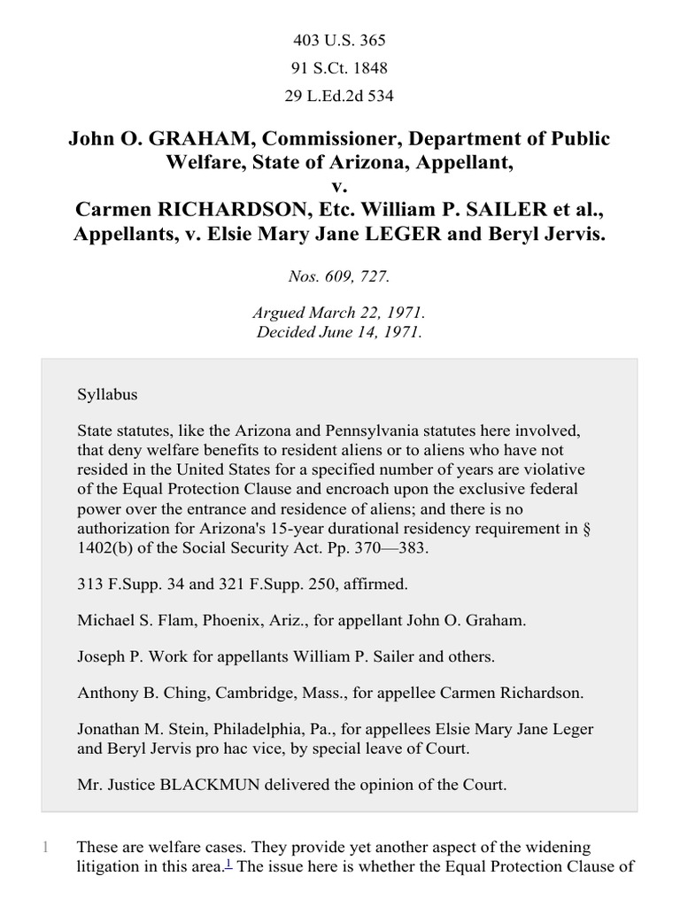 Graham v. Richardson, 403 U.S. 365 (1971) Equal Protection Clause
