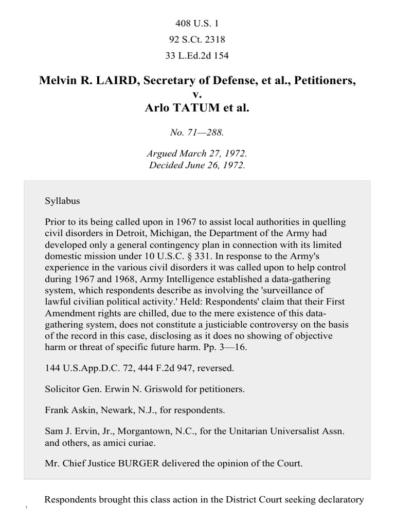 Laird v. Tatum, 408 U.S. 1 (1972) PDF Supreme Court Of The United