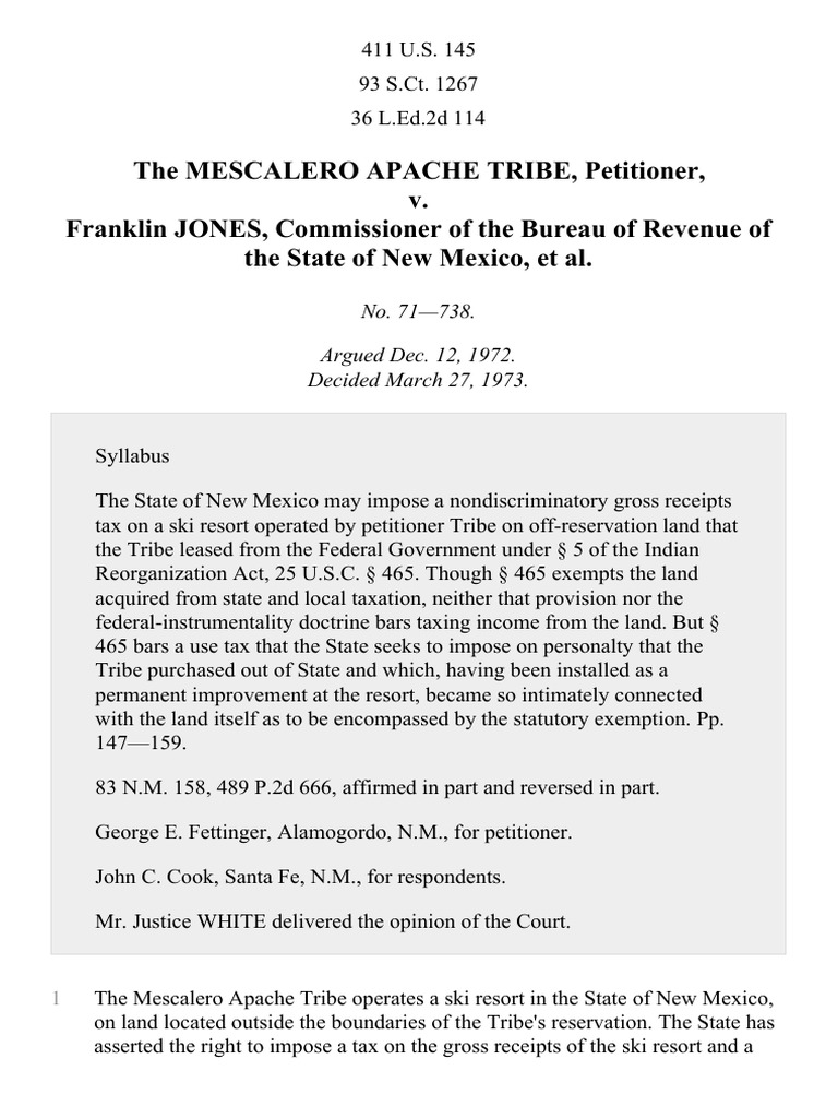 Mescalero Apache Tribe v. Jones, 411 U.S. 145 (1973) PDF Supreme