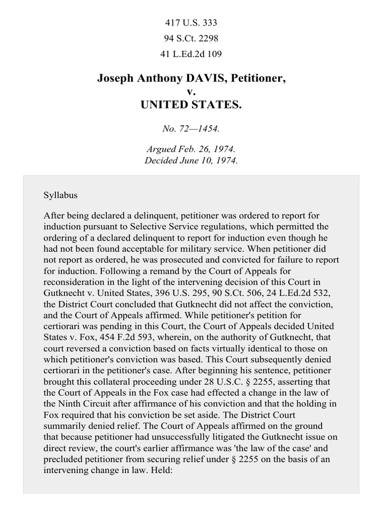 Davis v. United States, 417 U.S. 333 (1974) Supreme Court Of The