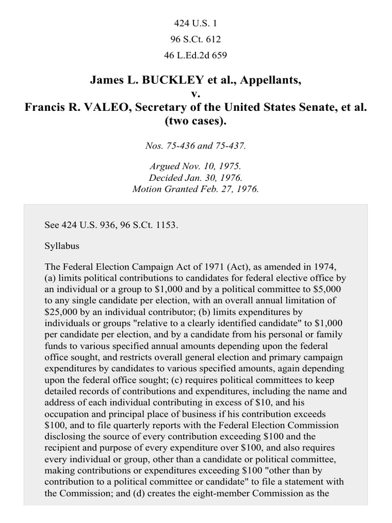 Buckley v. Valeo, 424 U.S. 1 (1976) PDF First Amendment To The