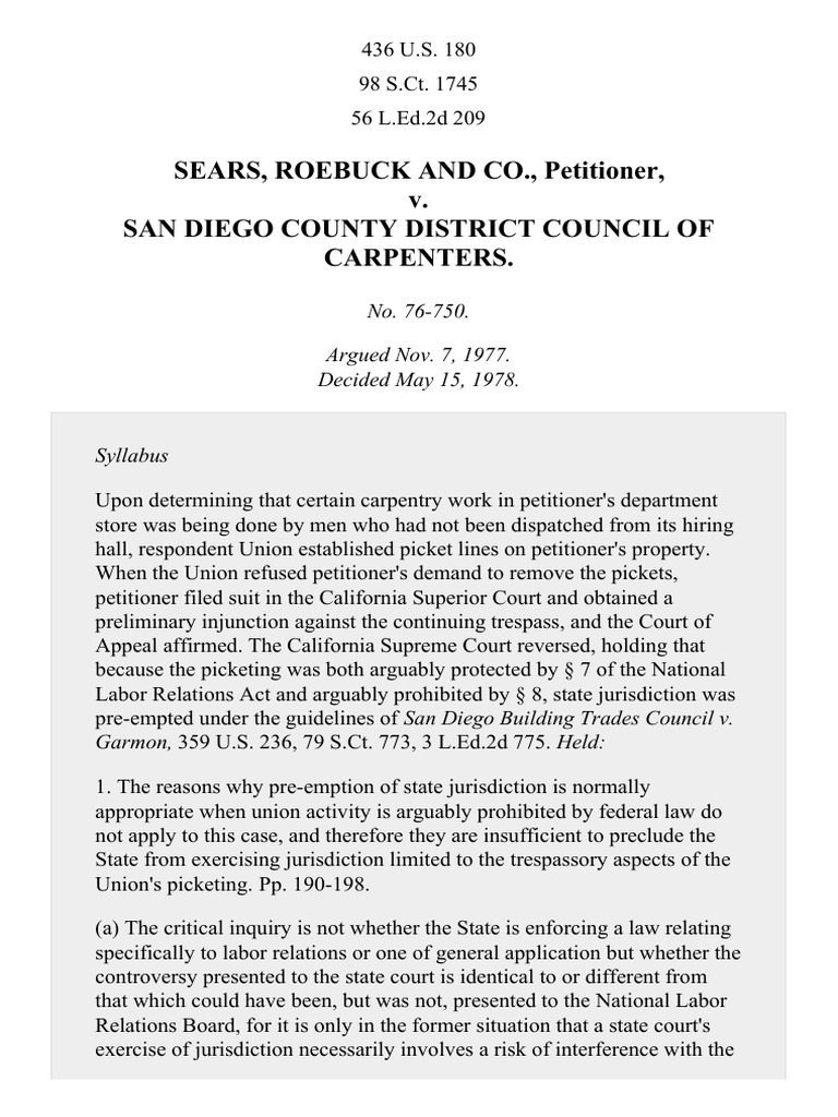 Sears, Roebuck & Co. v. Carpenters, 436 U.S. 180 (1978) PDF Unfair