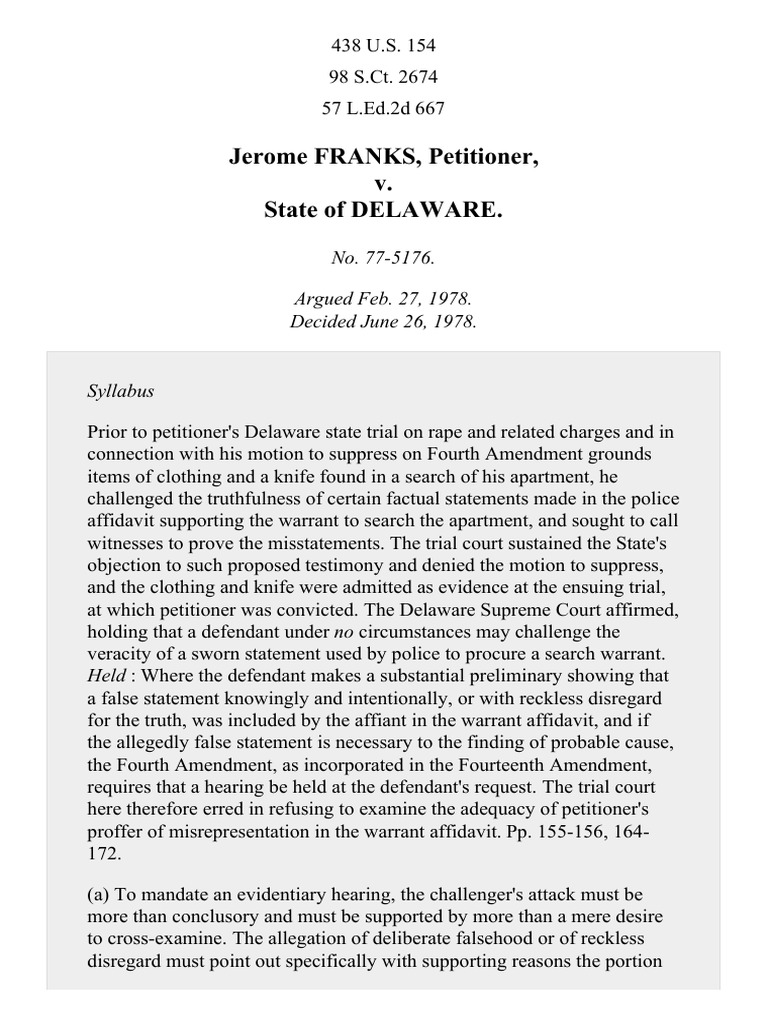 Franks v. Delaware, 438 U.S. 154 (1978) Affidavit Search Warrant