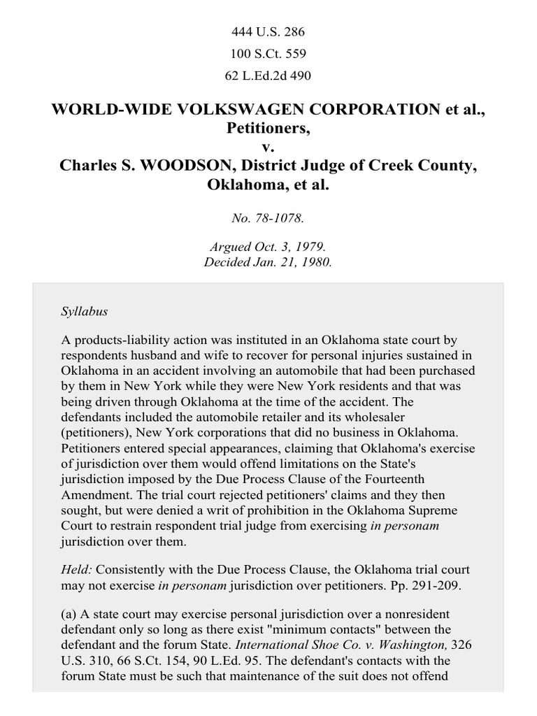 World-Wide Volkswagen Corp. v. Woodson, 444 U.S. 286 (1980