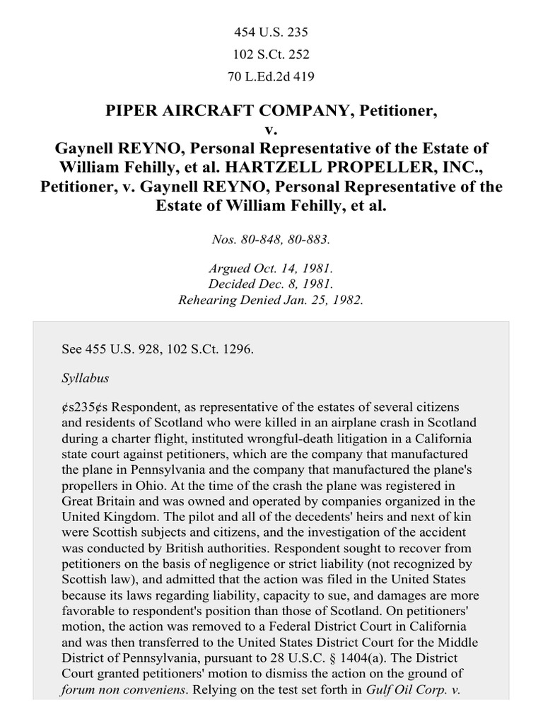 Piper Aircraft Co. V. Reyno, 454 U.s. 235 (1982) | Pdf | Certiorari | Lawsuit