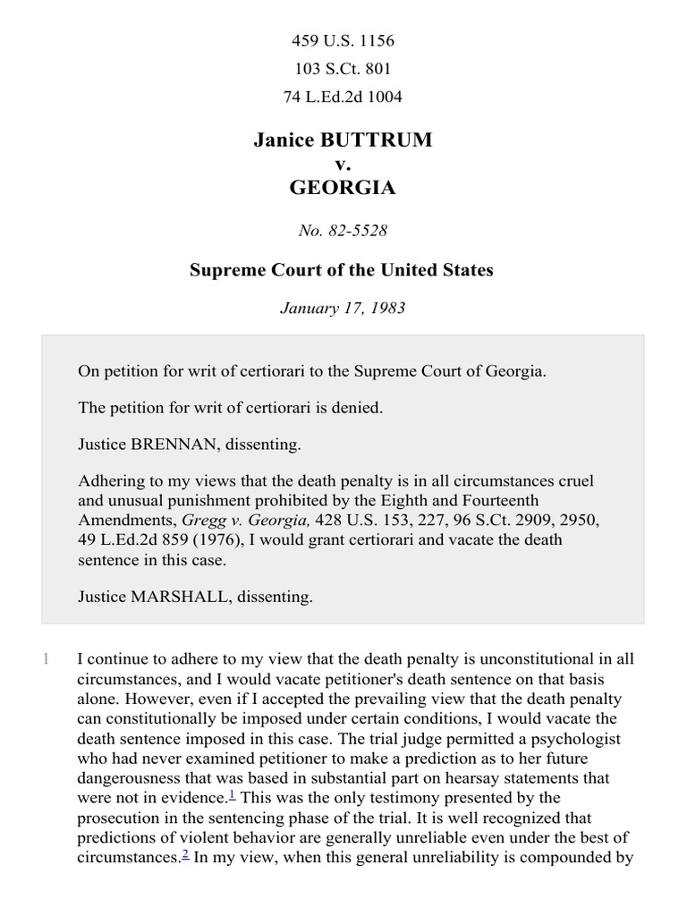 Janice Buttrum v. Georgia, 459 U.S. 1156 (1983) | PDF | Supreme Court
