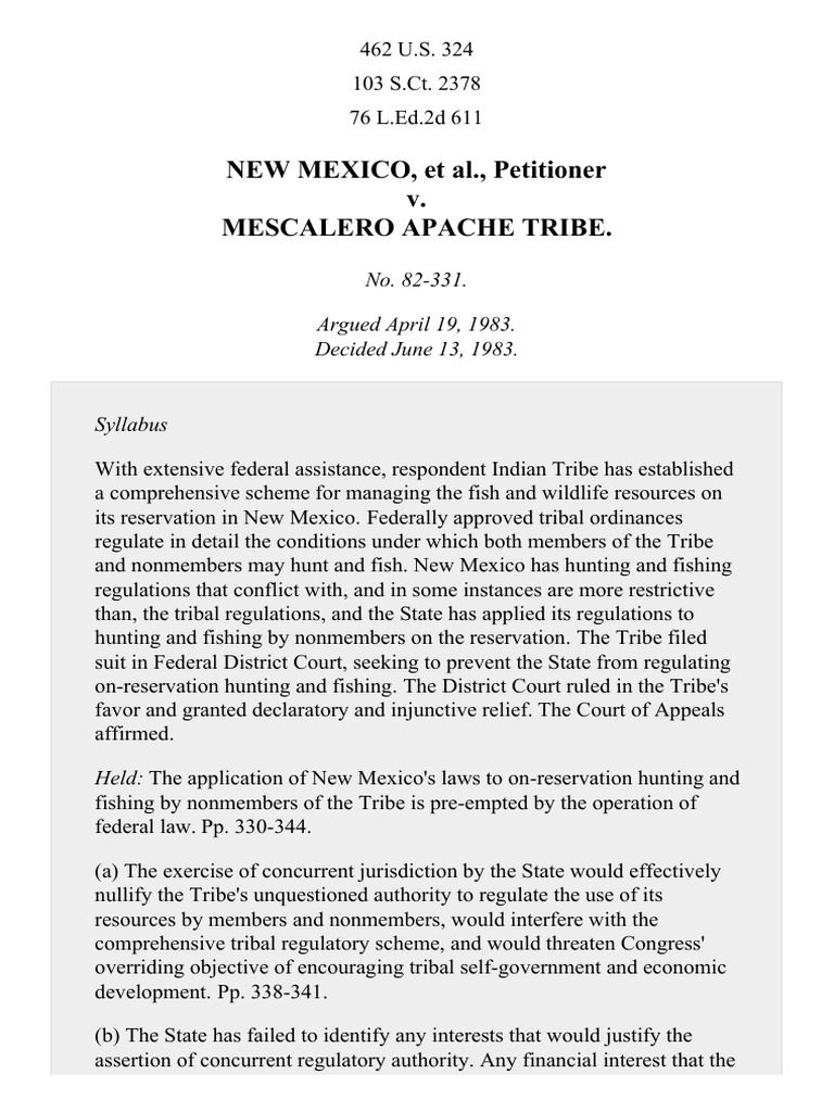 New Mexico v. Mescalero Apache Tribe, 462 U.S. 324 (1983) PDF