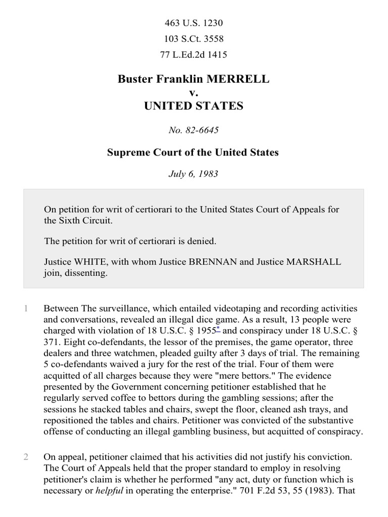 Merrell v. United States: Gambling Conviction | PDF | Supreme Court Of ...