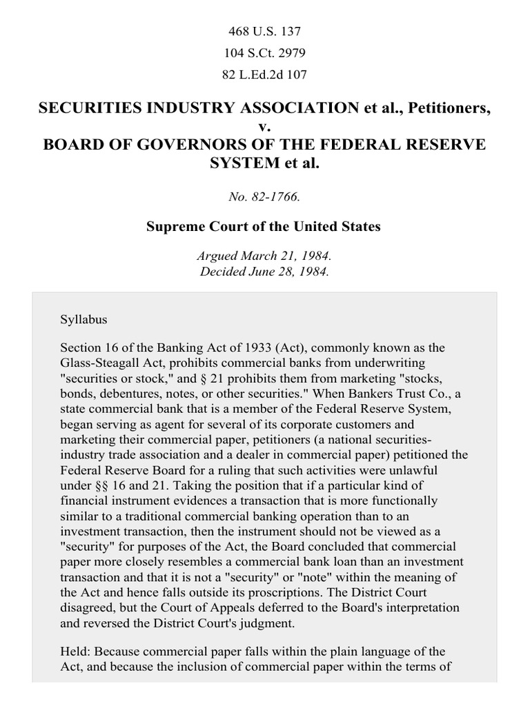 Securities Industry Assn. v. Board of Governors, FRS, 468 U.S. 137
