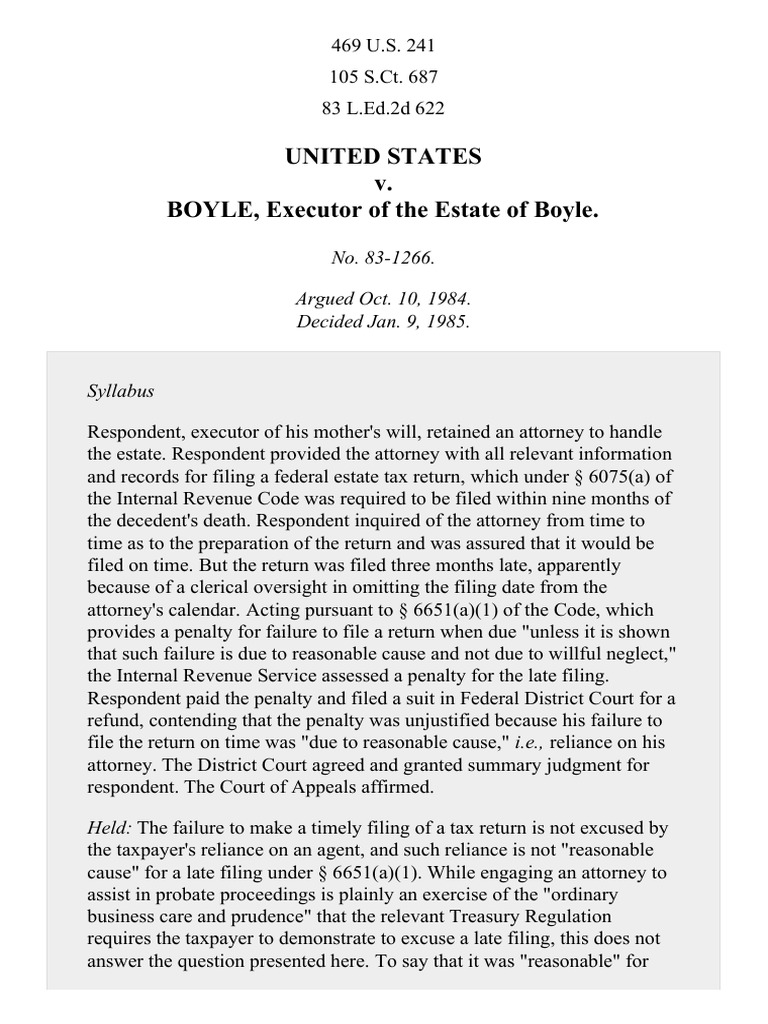 United States v. Boyle, 469 U.S. 241 (1985) | PDF | Internal Revenue ...