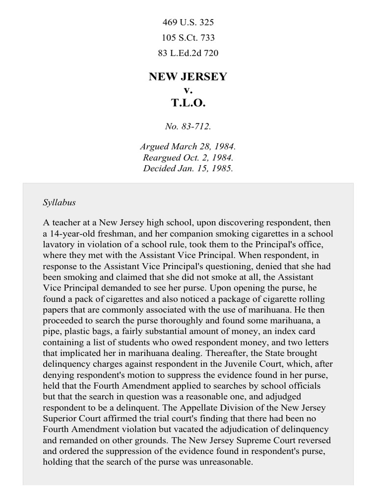 New Jersey v. TLO, 469 U.S. 325 (1985) | PDF | Search And Seizure ...