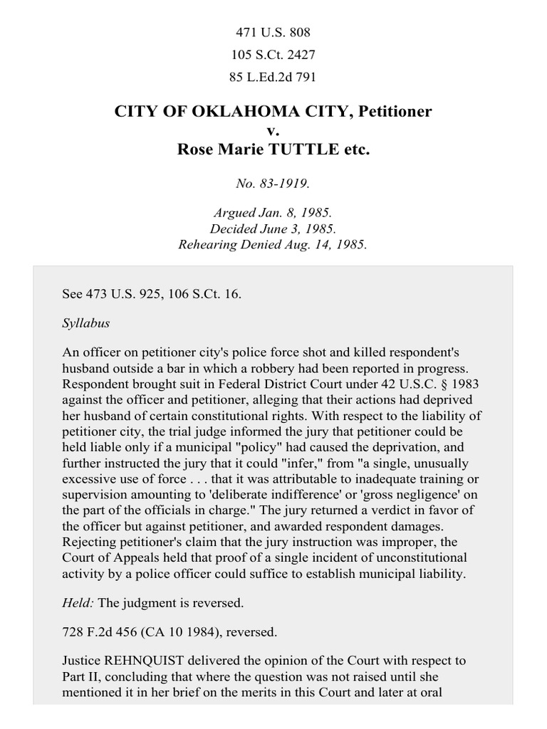 Oklahoma City v. Tuttle, 471 U.S. 808 (1985) Fourteenth Amendment To