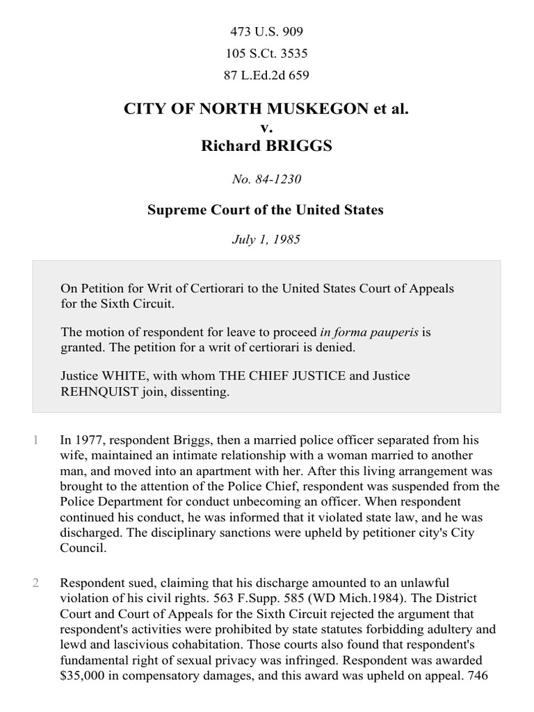 City Of North Muskegon V Richard Briggs 473 U S 909 1985