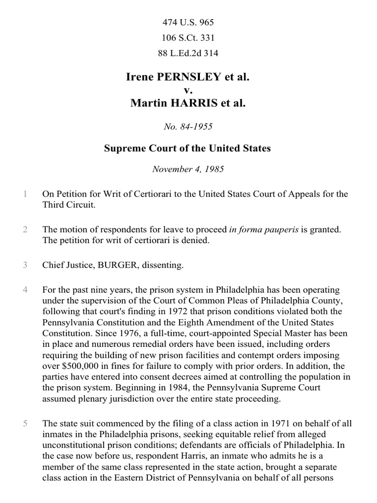 Irene Pernsley v. Martin Harris, 474 U.S. 965 (1985 ...
