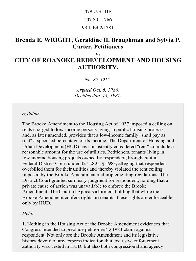 Wright v. Roanoke Redevelopment and Housing Authority, 479 U.S. 418