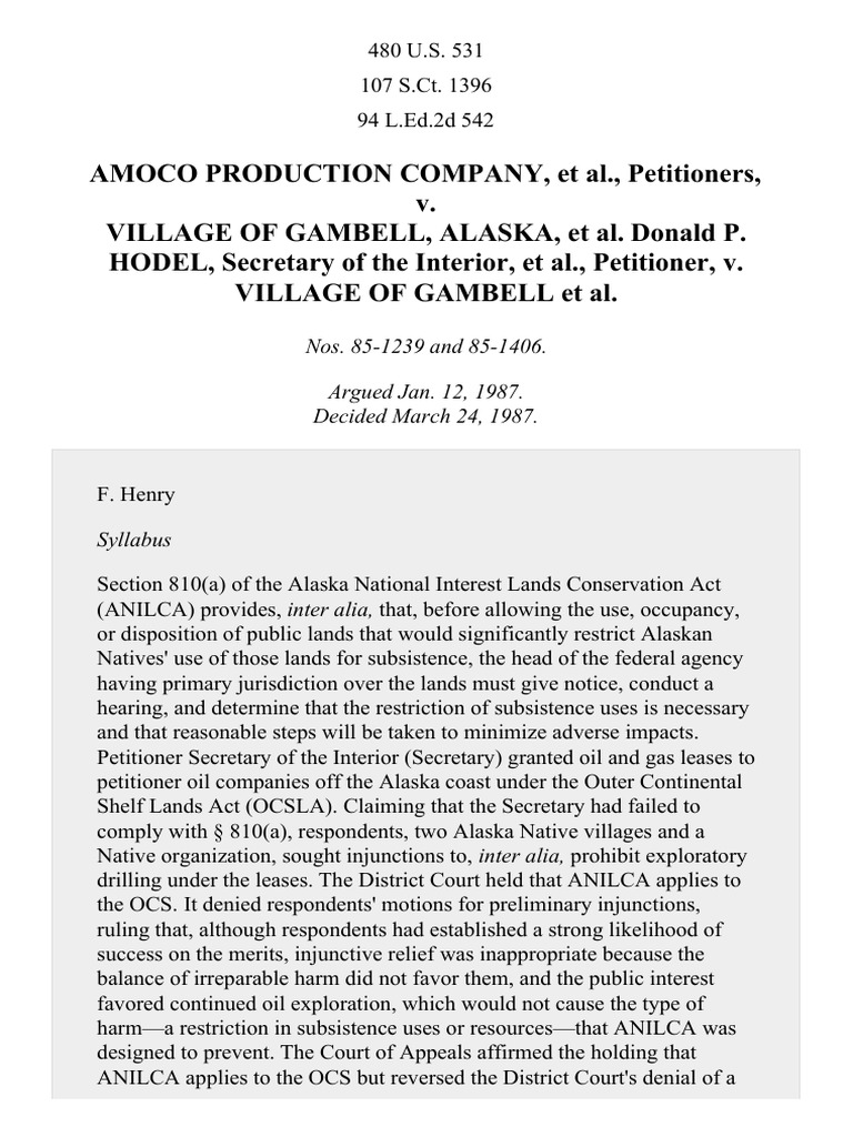 Amoco Production Co. v. Gambell, 480 U.S. 531 (1987) | PDF | Injunction ...