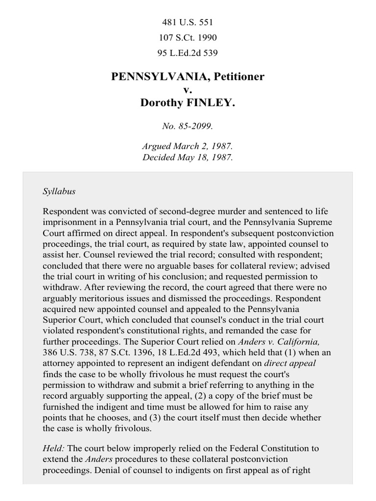 Pennsylvania v. Finley, 481 U.S. 551 (1987) Right To Counsel