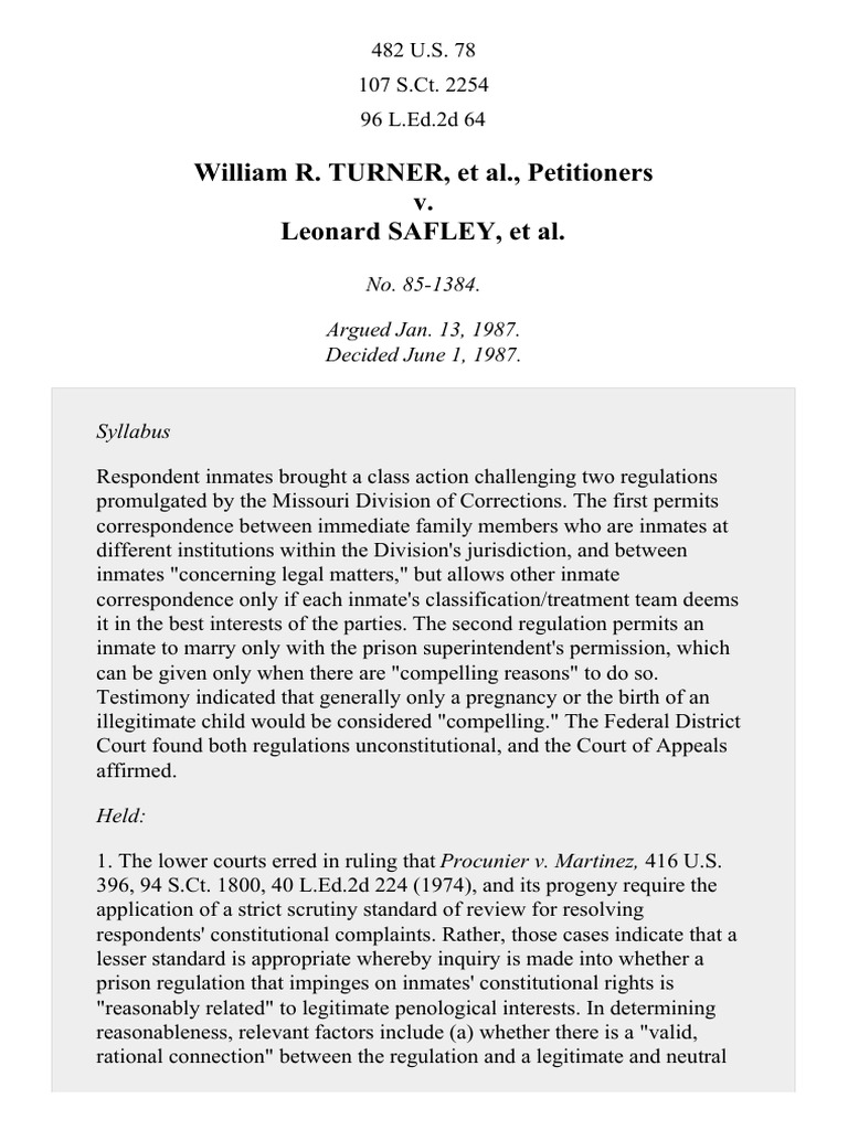 Turner v. Safley, 482 U.S. 78 (1987) Supreme Court Of The United States Prison