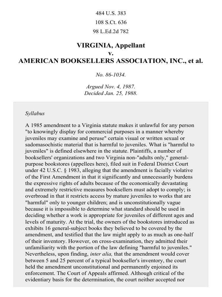 Virginia v. American Booksellers Assn., Inc., 484 U.S. 383 (1988) PDF Supreme Court Of The