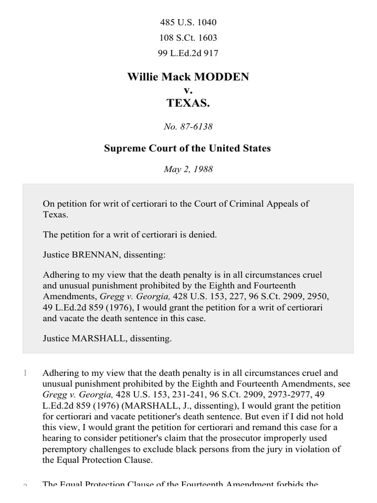 Willie Mack Modden v. Texas, 485 U.S. 1040 (1988) PDF Batson V