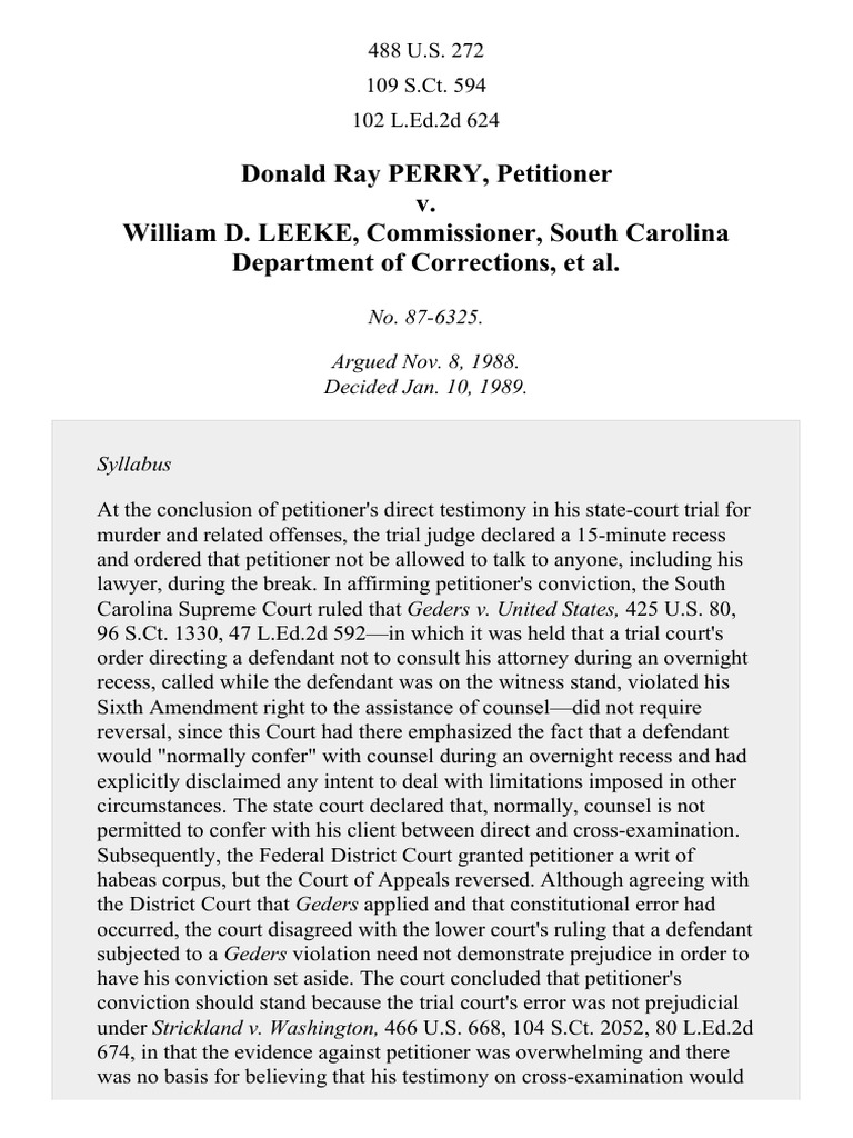 Perry v. Leeke, 488 U.S. 272 (1989) PDF Sixth Amendment To The United States Constitution
