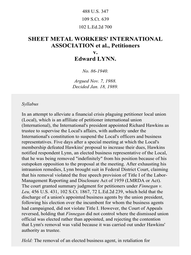 Sheet Metal Workers v. Lynn, 488 U.S. 347 (1989) PDF Supreme Court