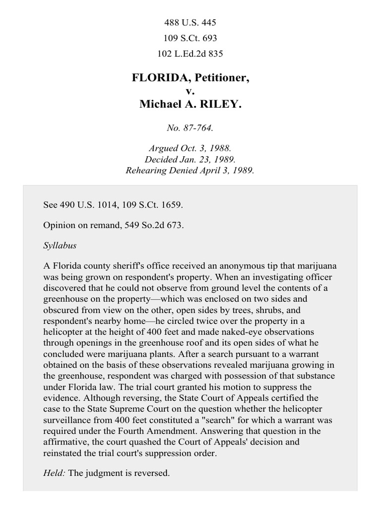 Florida v. Riley: Aerial Surveillance Case | PDF | Fourth Amendment To ...