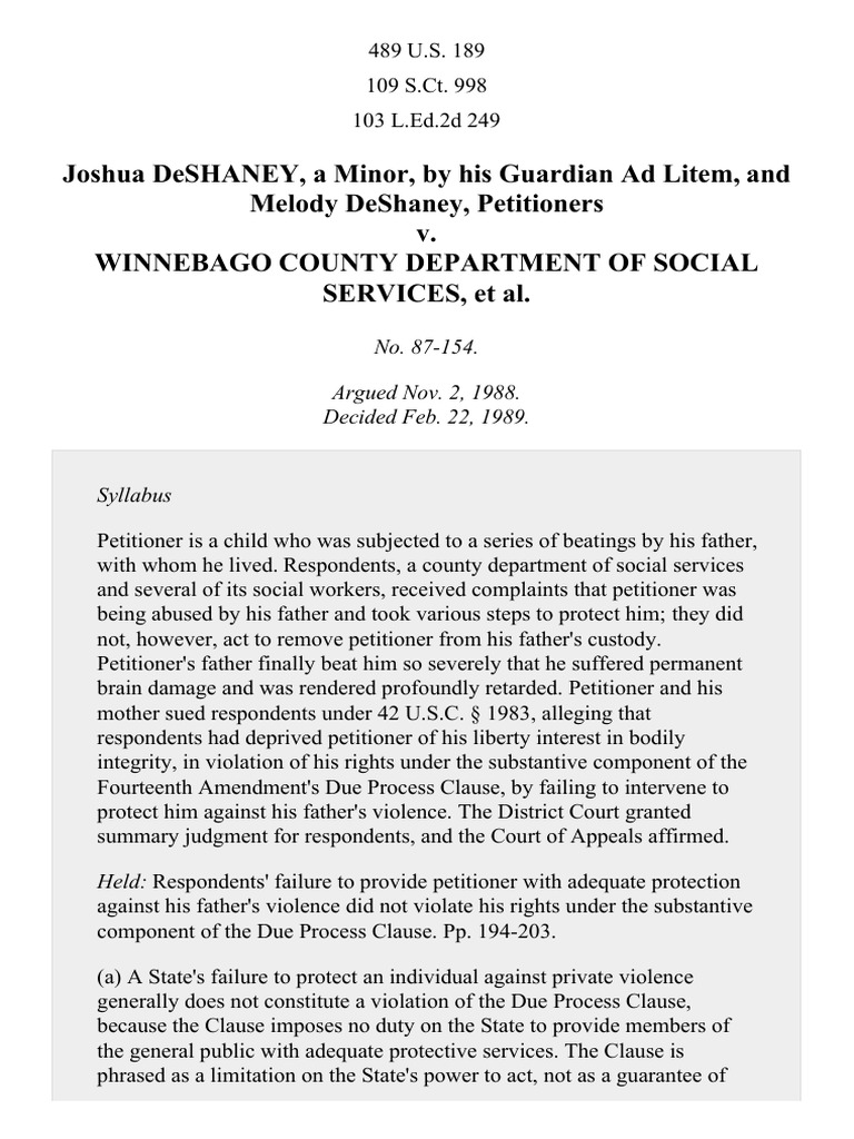DeShaney v. Winnebago: Due Process Ruling | PDF | Fourteenth Amendment ...