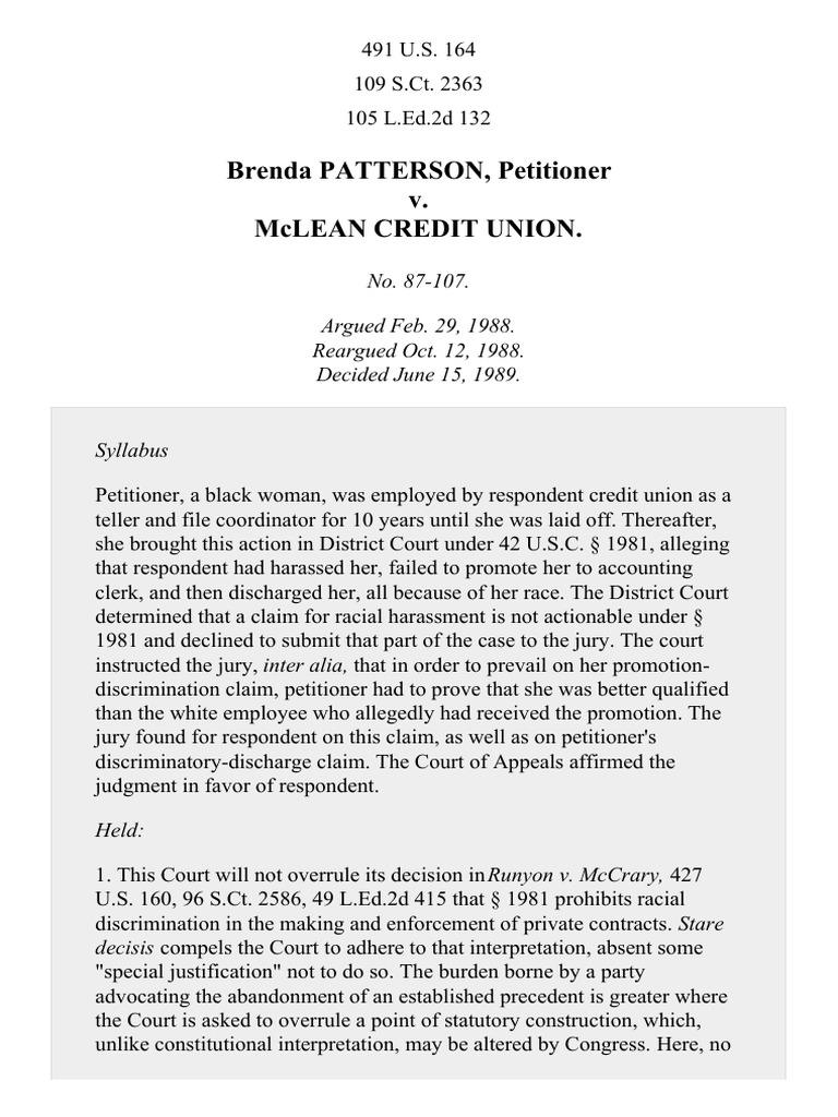 Brenda PATTERSON, Petitioner v. Mclean Credit Union PDF Civil Rights Act Of 1964 Supreme