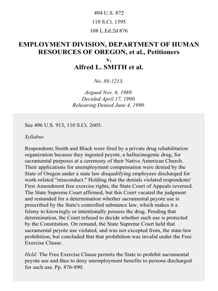 Employment Div., Dept. of Human Resources of Ore. v. Smith, 494 U.S