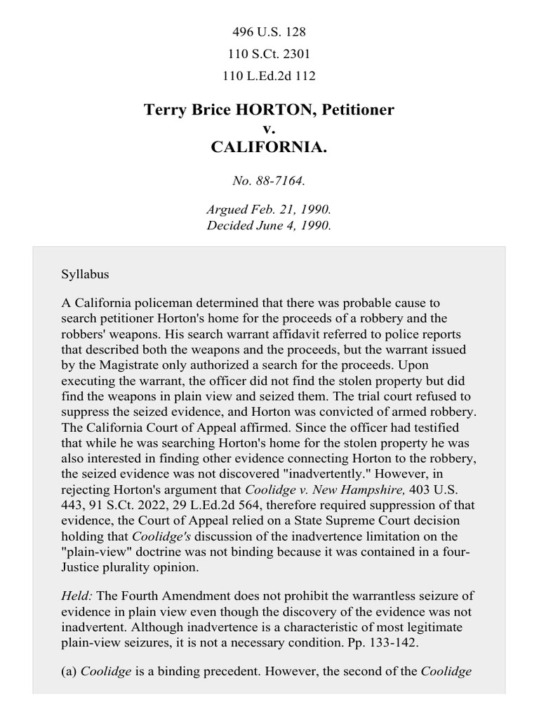 Horton v. California, 496 U.S. 128 (1990) Search And