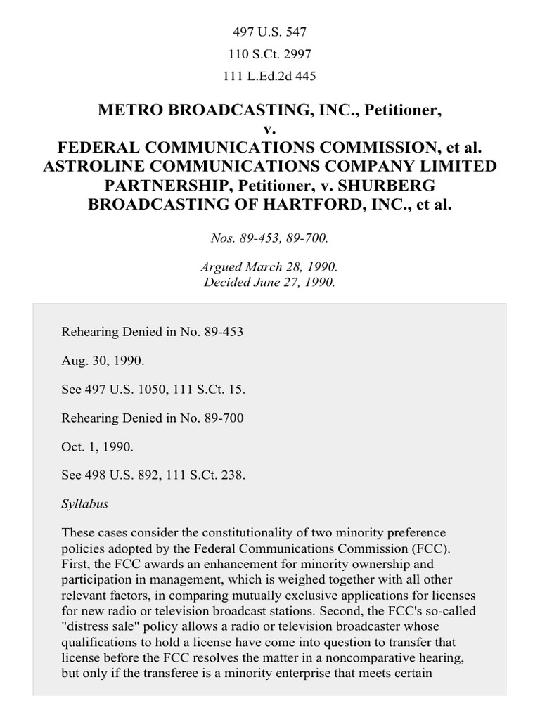 Metro Broadcasting, Inc. v. FCC, 497 U.S. 547 (1990