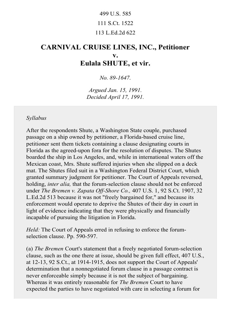 Carnival Cruise Lines, Inc., Petitioner v. Eulala SHUTE, Et Vir PDF