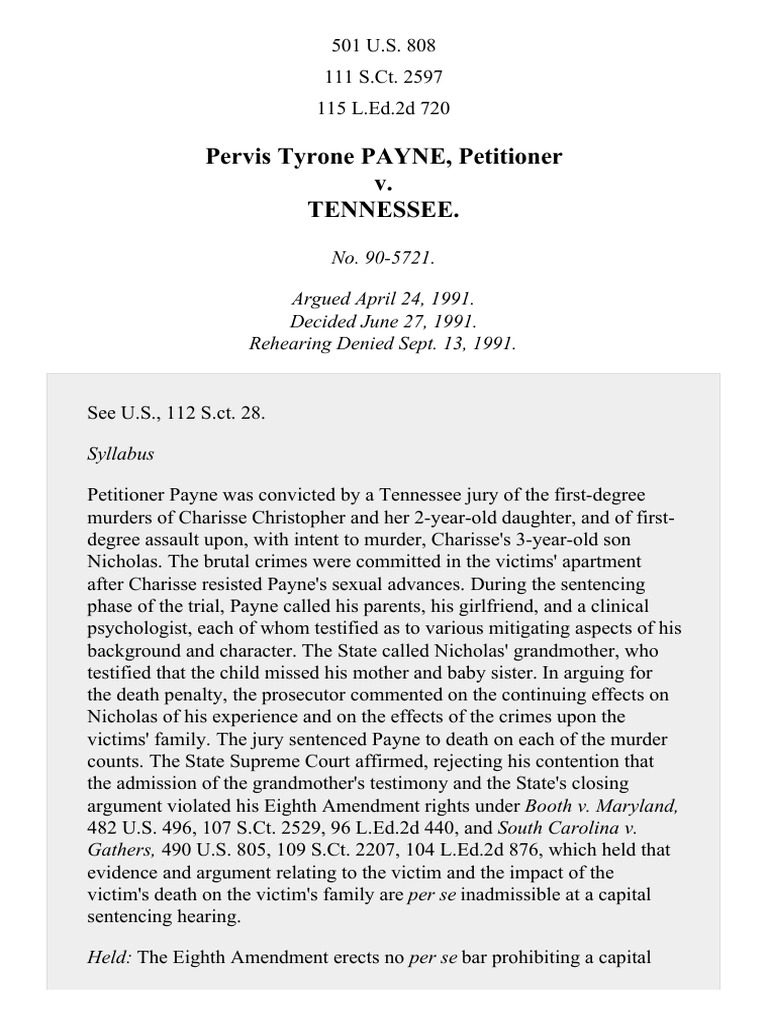 Payne v. Tennessee, 501 U.S. 808 (1991) Supreme Court Of The United