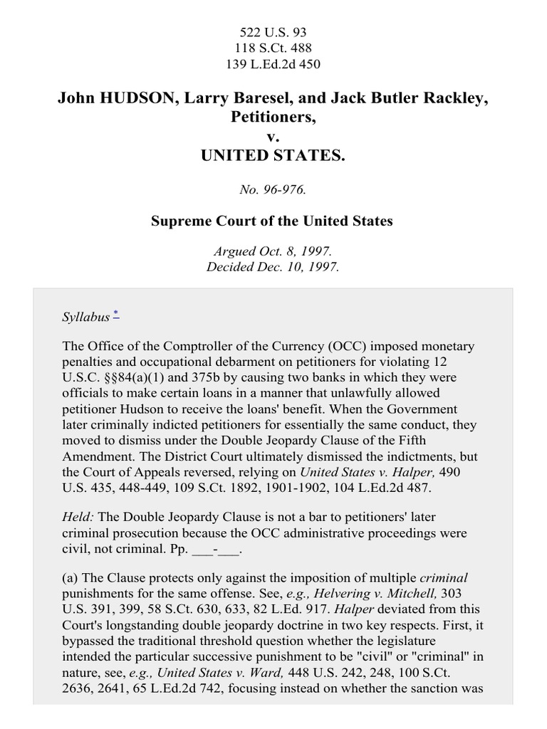 Hudson v. United States, 522 U.S. 93 (1997) Double Jeopardy Clause