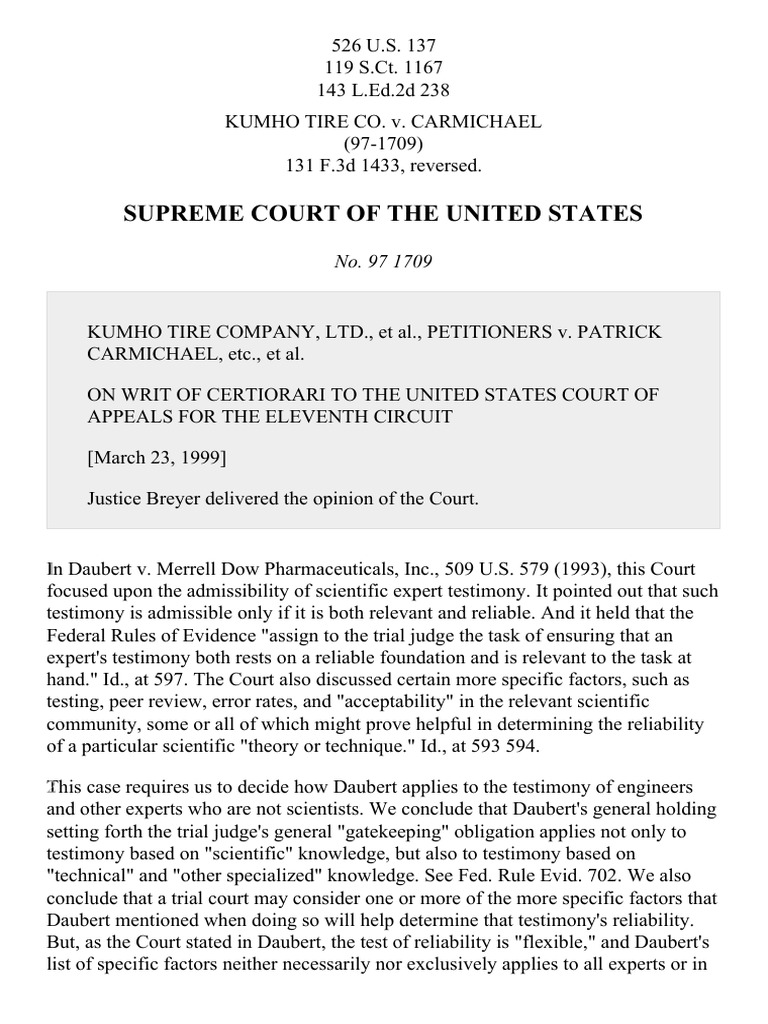 Kumho Tire Co. v. Carmichael, 526 U.S. 137 (1999) PDF Daubert