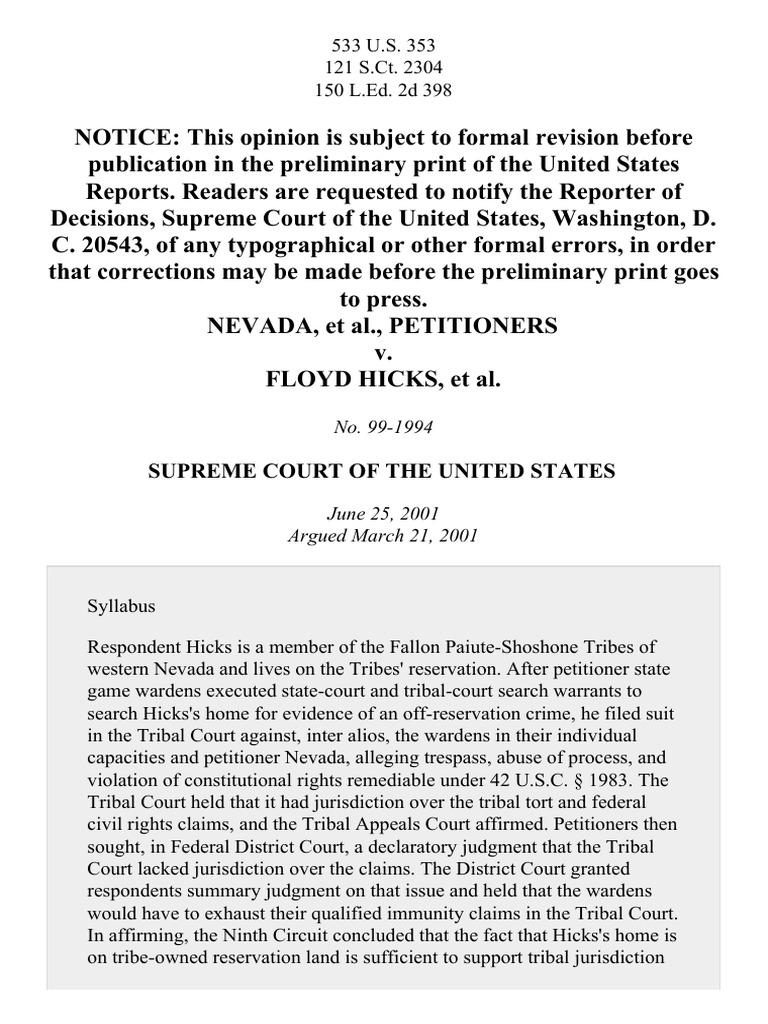 Nevada v. Hicks, 533 U.S. 353 (2001) Tribal Sovereignty In The United