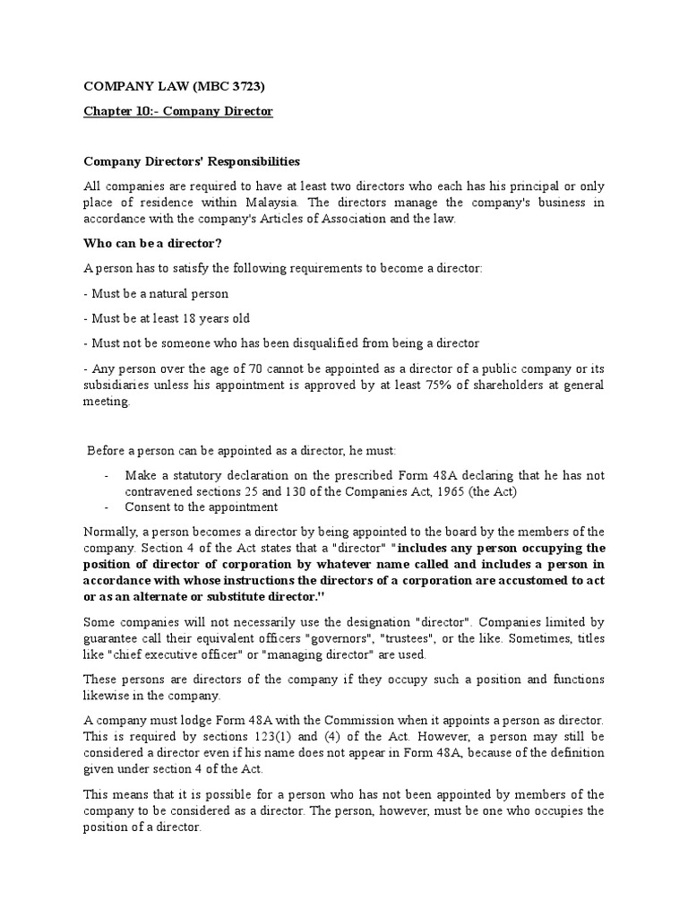 Company Law Chapter 10 Articles Of Association Board Of Directors
