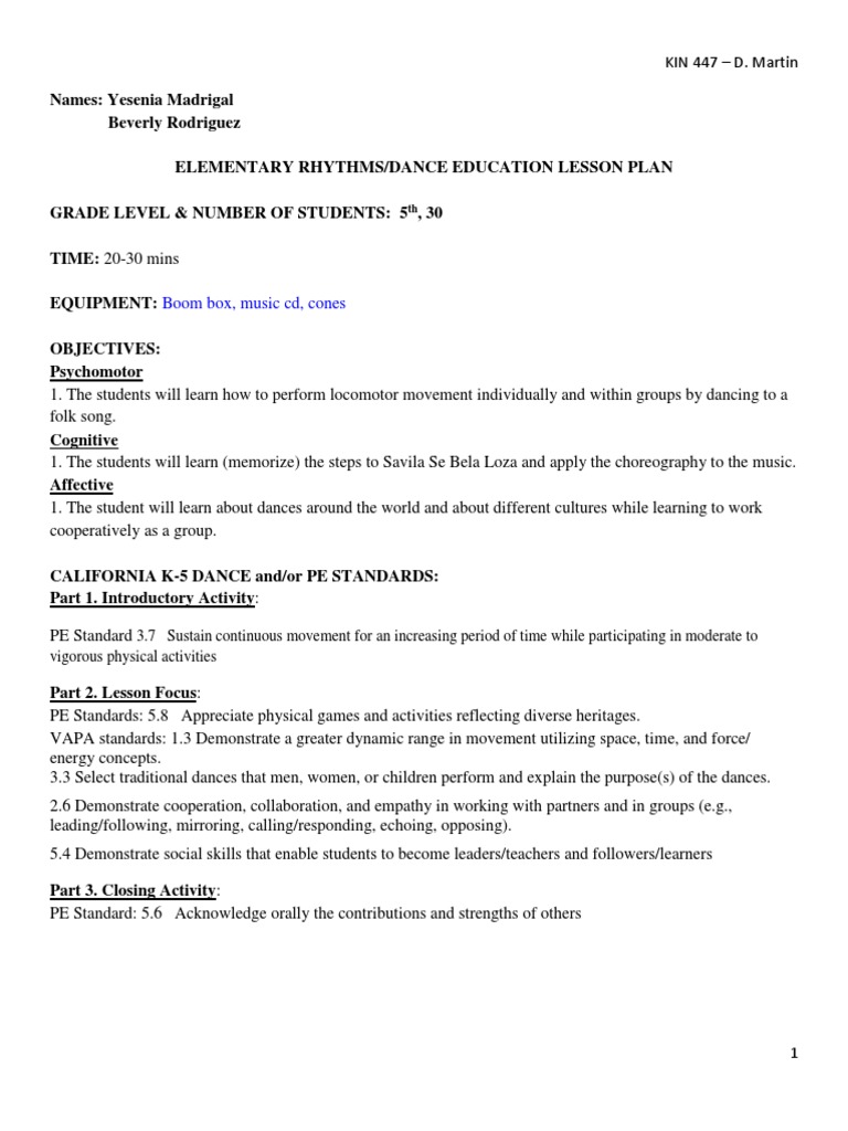 5th Grade Dance Education Lesson Plan | PDF | Dances | Learning