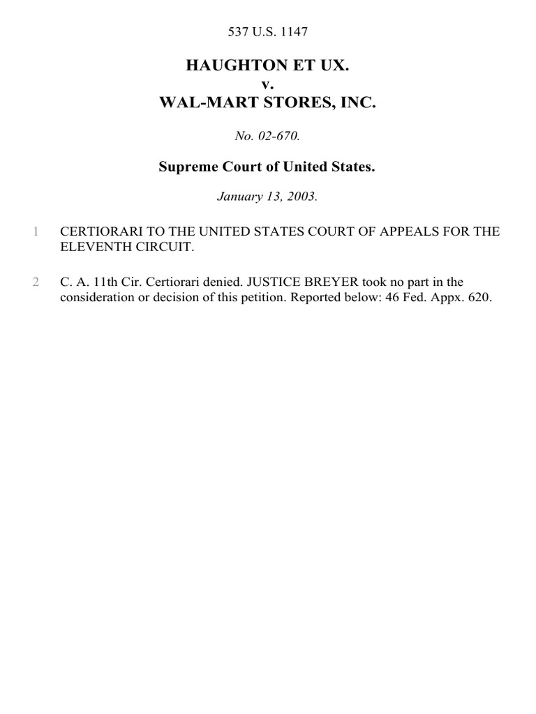 Haughton Et Ux. v. WalMart Stores, Inc, 537 U.S. 1147 (2003) PDF