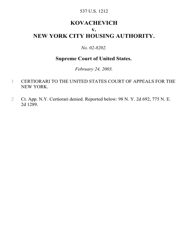 Kovachevich v. New York City Housing Authority, 537 U.S. 1212 (2003) PDF