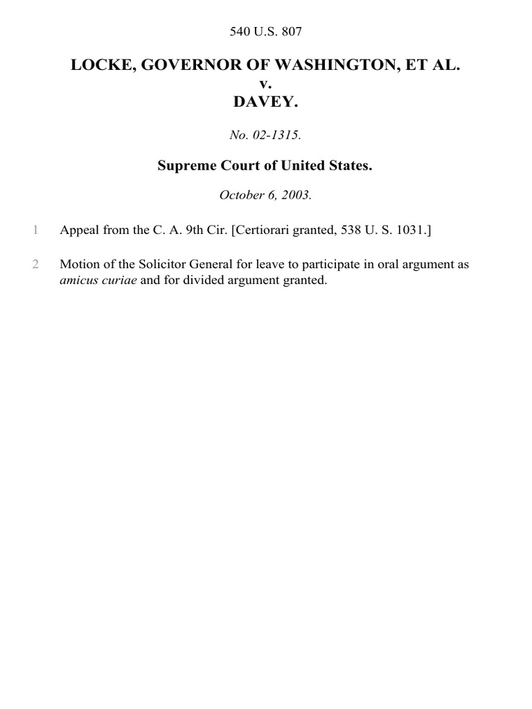 Locke v. Davey Supreme Court Case Summary | PDF | Procedures Of The ...