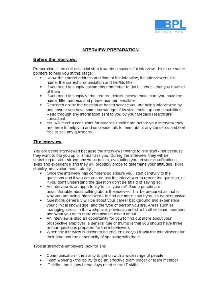 BPL Interview Preparation | PDF | Interview | Nursing